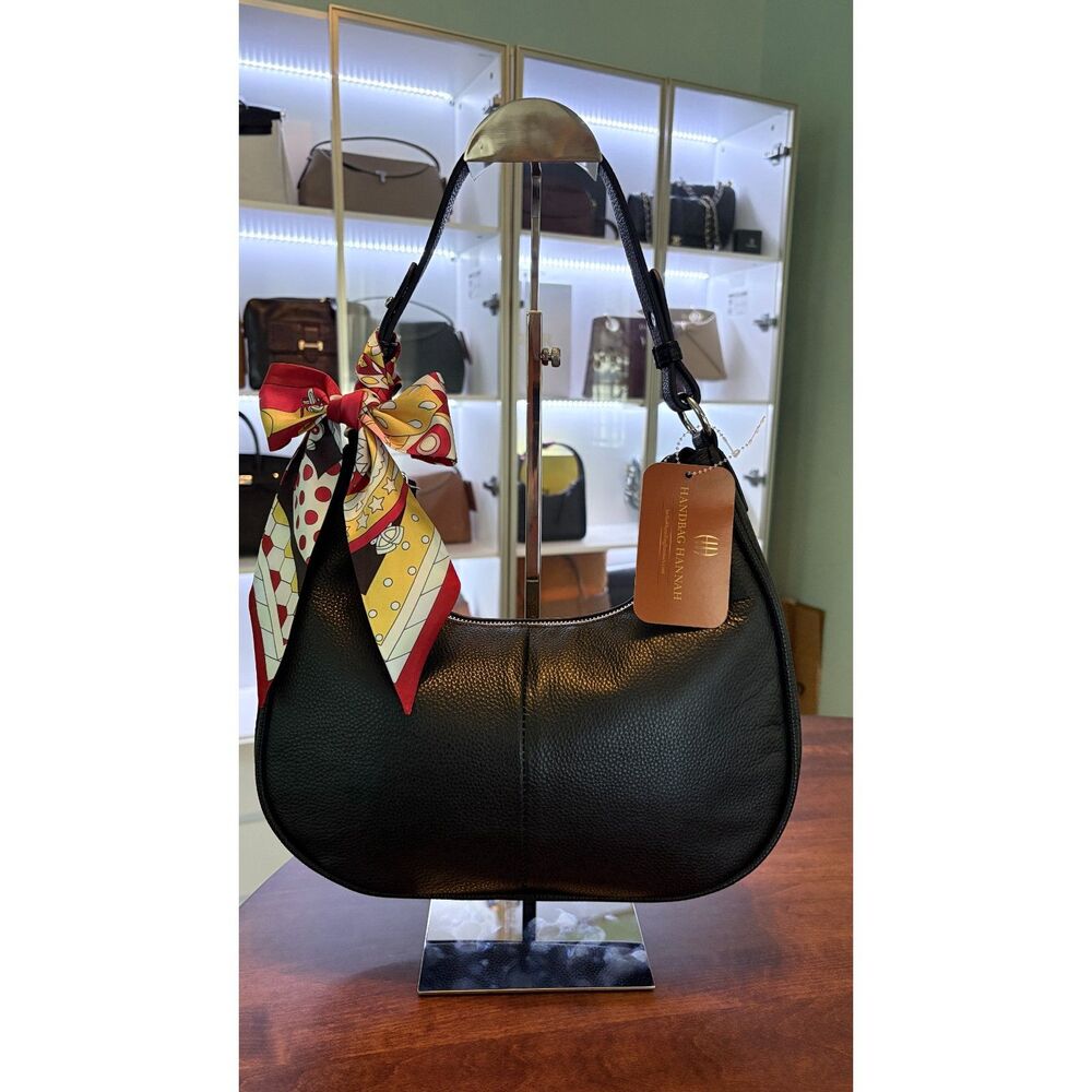 Top Grain Leather Crescent Hobo Shoulder Bag in Black
